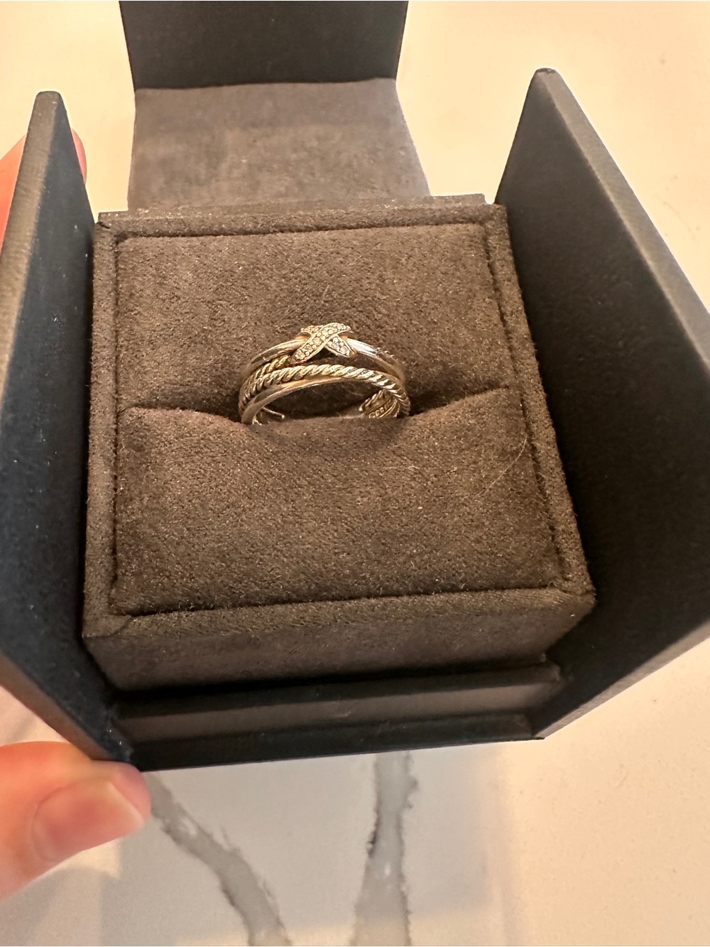 David Yurman Silver Twisted Cable X Ring with Pavé Accents